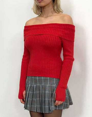 Off-Shoulder Long Sleeve Knit Top in Red