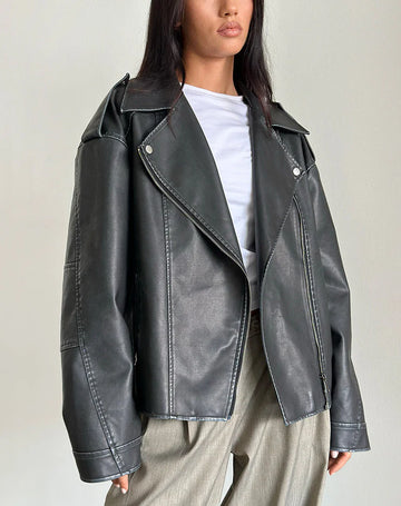 Distressed PU Biker Jacket in Black